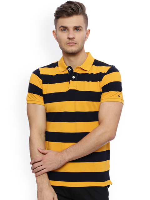 

Basics Men Yellow & Navy Striped Polo Collar T-shirt