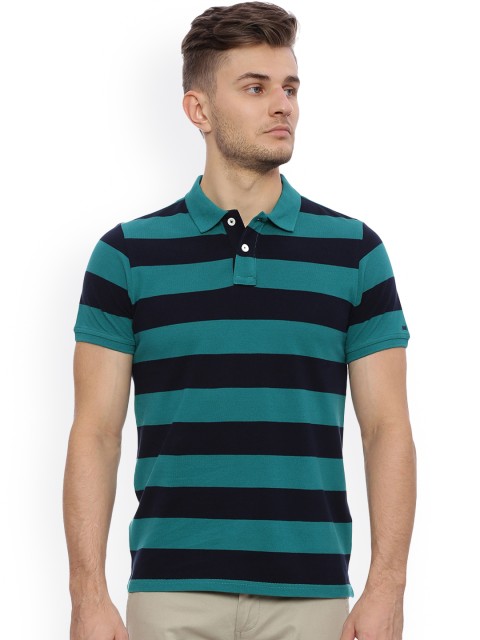 

Basics Men Blue Striped Polo Collar T-shirt