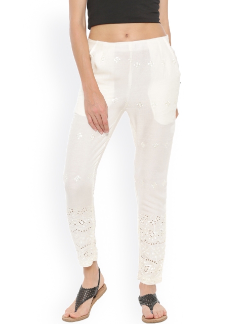 

De Moza Women Off-White Straight Fit Embroidered Regular Trousers