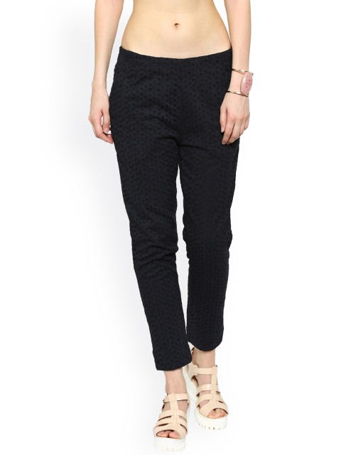 

De Moza Women Black Straight Fit Embroidered Regular Trousers