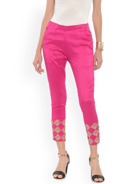 

De Moza Women Pink Straight Fit Embroidered Regular Trousers