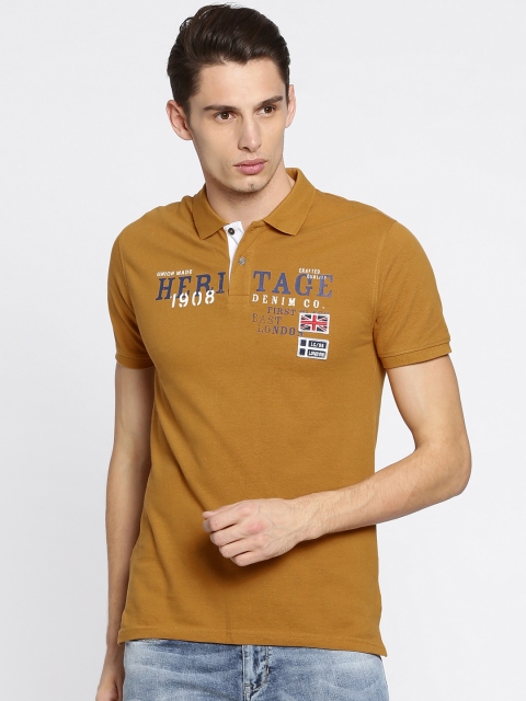 

Lee Cooper Men Mustard Yellow Printed Polo Pure Cotton T-shirt