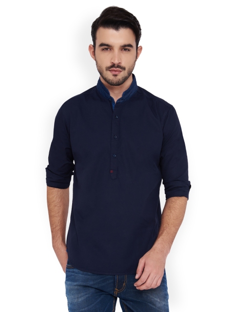 

IVOC Men Navy Blue Solid Straight Short Kurta