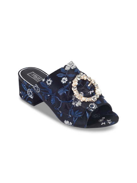 

Truffle Collection Women Black Embroidered Heels with Embellished Buckle
