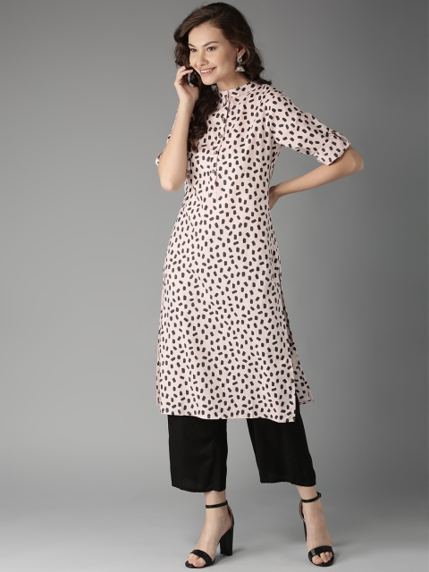 

HERE&NOW Women Peach-Coloured & Black Printed Straight Kurta