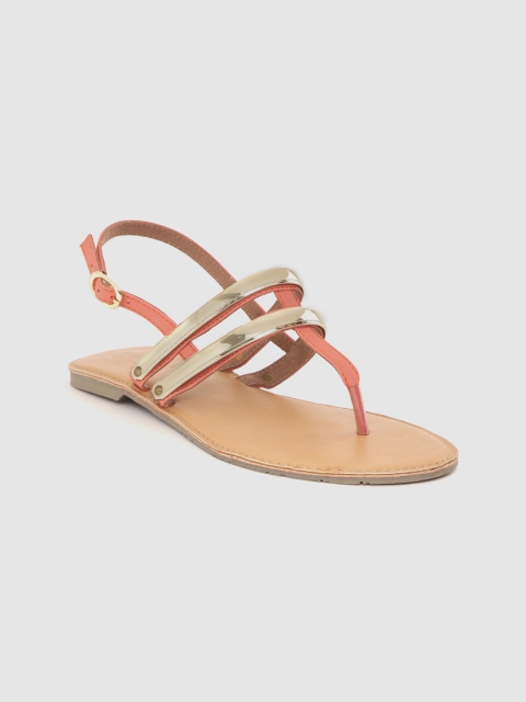 

Ginger by Lifestyle Women Coral Pink & Gold-Toned Colourblocked T-Strap Flats