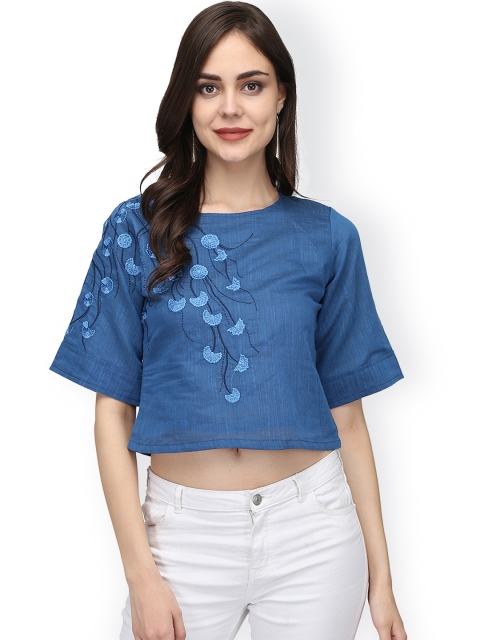 

Abhishti Women Navy Blue Embroidered Crop Pure Cotton Top