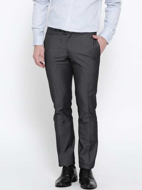 

V Dot Men Charcoal Grey Skinny Fit Self Design Formal Trousers