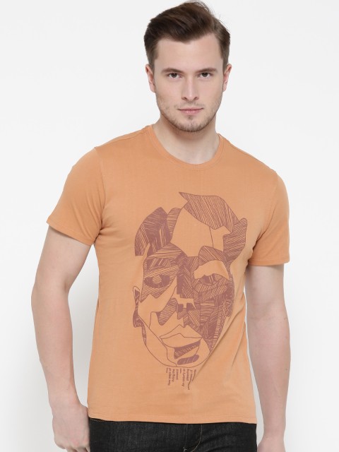 

V Dot Men Rust Orange Printed Slim Fit T-shirt