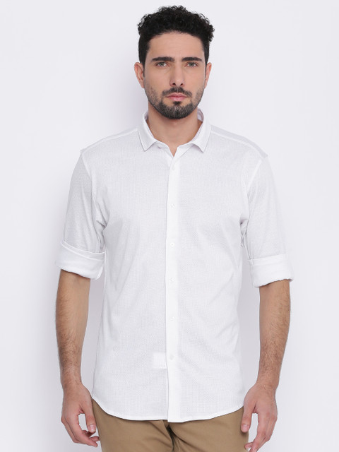 

V Dot Men Off-White Slim Fit Self Design Casual Shirt