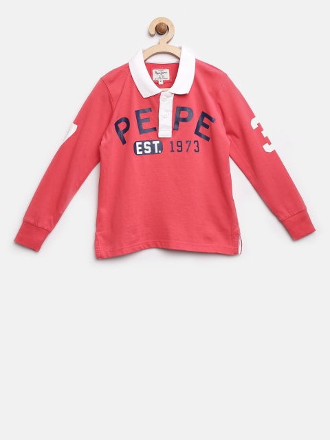Pepe Jeans Boys Coral Red Printed Polo Collar T-shirt