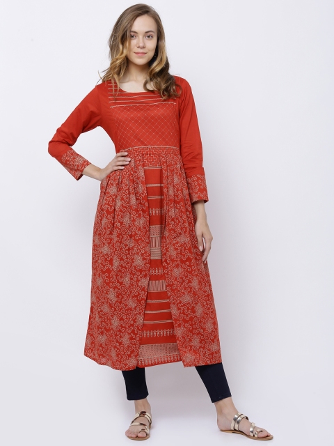 

Vishudh Women Rust Orange Printed A-Line Kurta
