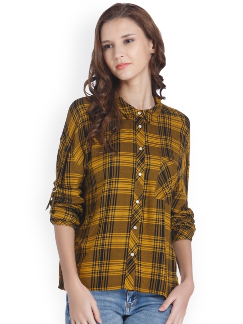 

ONLY Women Mustard Yellow Boxy Checked Casual Shirt