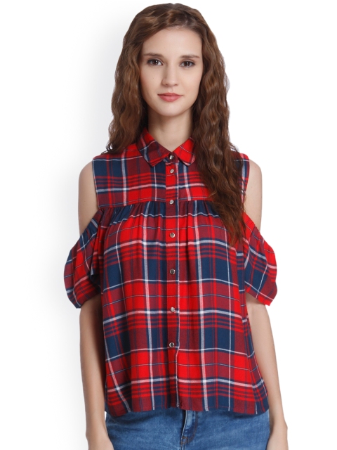 

ONLY Women Red & Navy Regular Fit Checked Casual Shirt