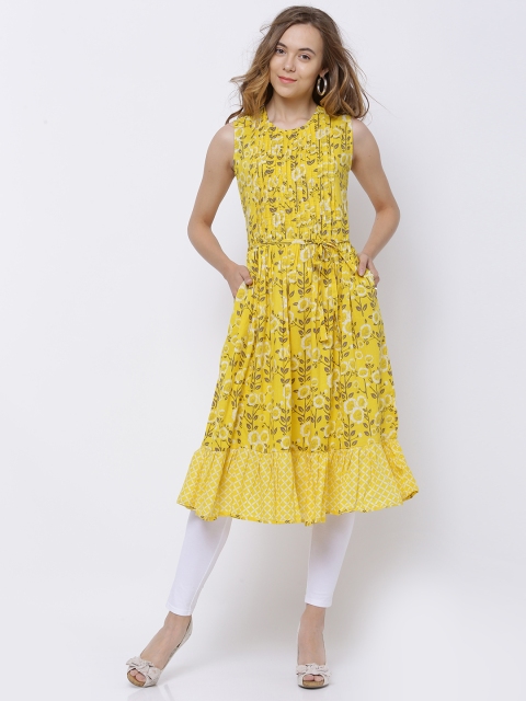 

Vishudh Women Yellow Printed A-Line Kurta