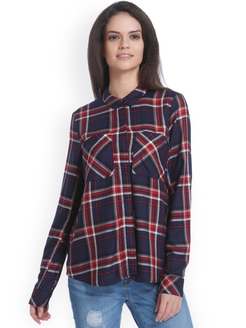 

ONLY Women Navy Blue & Red Regular Fit Checked Casual Shirt