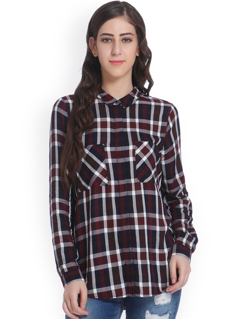 

ONLY Women Navy Blue & Maroon Checked Casual Shirt