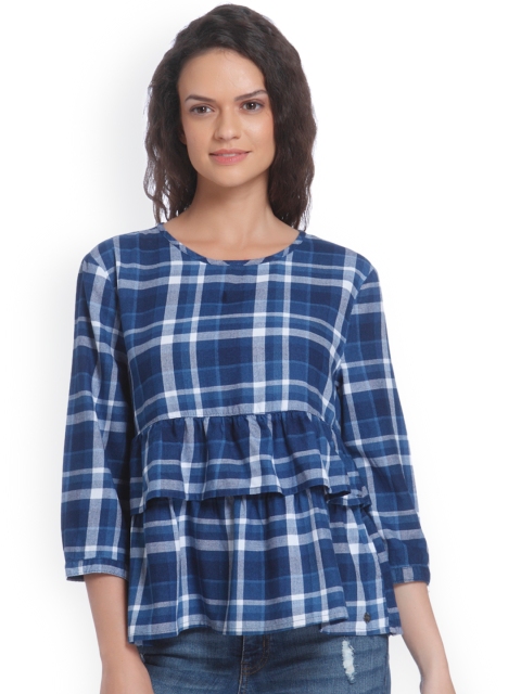 

ONLY Women Blue Checked A-Line Pure Cotton Top