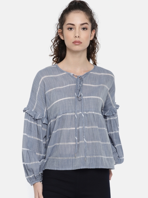 

ONLY Women Blue Striped A-Line Pure Cotton Top