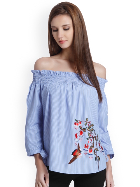 

ONLY Women Blue Striped Bardot Top