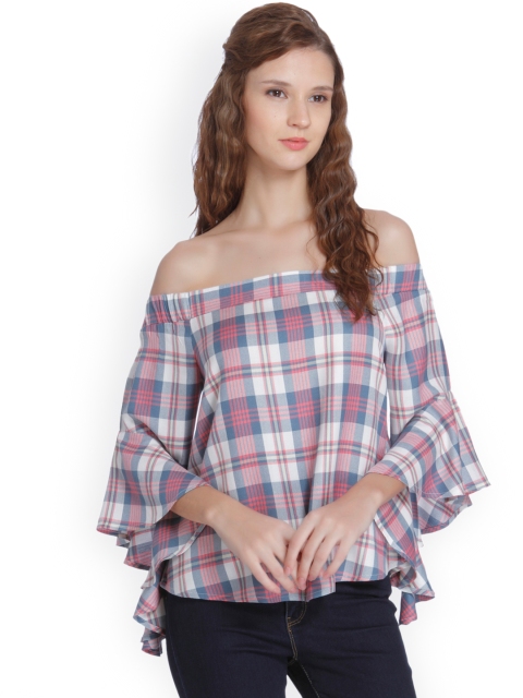 

ONLY Women Grey & White Checked Bardot Top