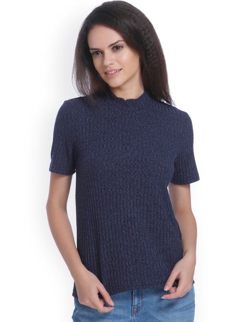 

ONLY Women Navy Blue Striped Round Neck T-shirt