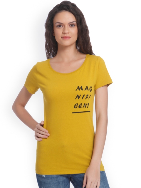 

ONLY Women Mustard Yellow Printed Round Neck T-shirt