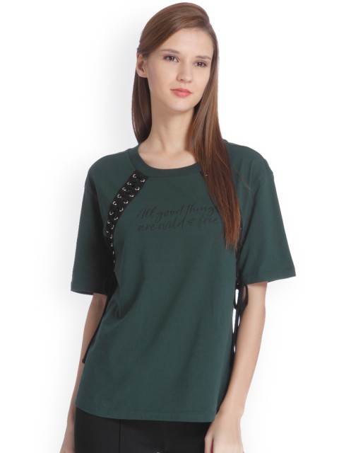 

ONLY Women Green Solid Round Neck Pure Cotton T-shirt
