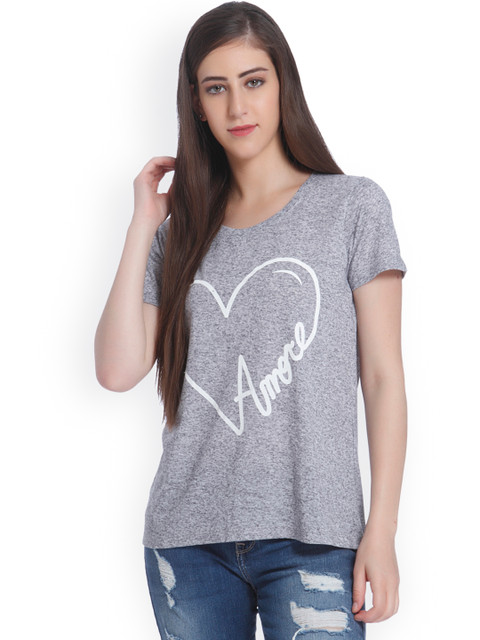 

ONLY Women Grey Printed Round Neck T-Shirt