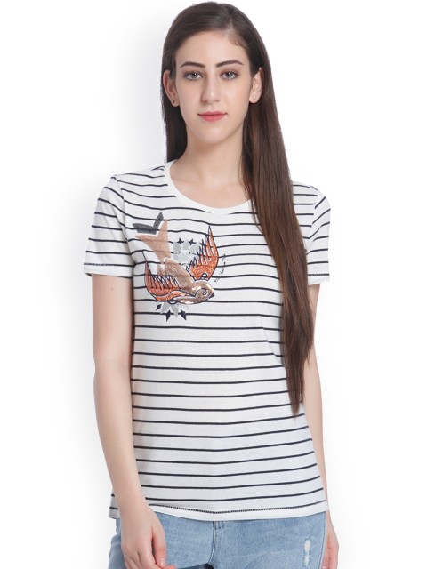 

ONLY Women White & Navy Blue Striped Round Neck T-Shirt
