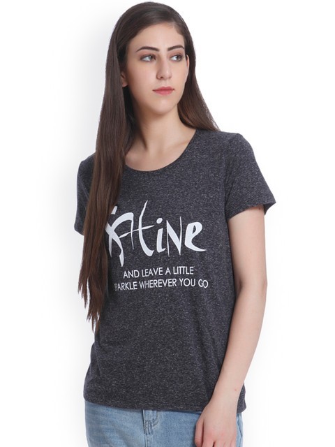 

ONLY Women Charcoal Grey Printed Round Neck T-shirt