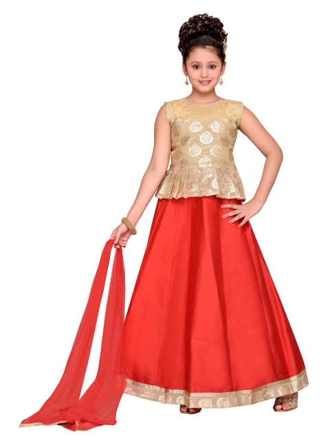 

Adiva Girl's Beige & Red Self-Design Lehenga Choli
