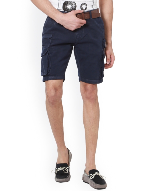 

People Men Blue Solid Slim Fit Cargo Shorts