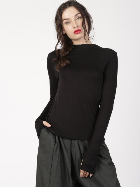 

ether Women Black Solid High Neck Long Sleeve With Thumbhole Round Neck T-shirt