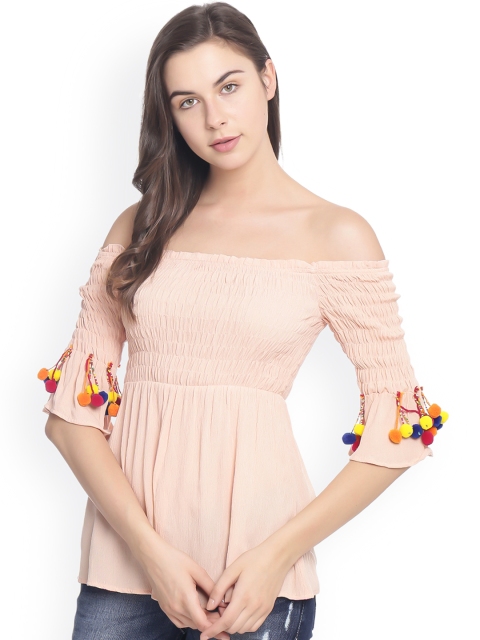 

MIWAY Women Peach-Coloured Solid Cinched Waist Top