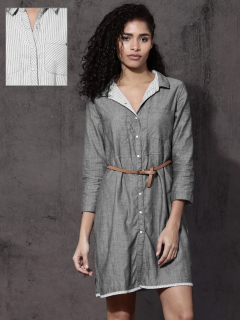 

Roadster Women Charcoal Grey & White Striped Reversible Shirt Dress