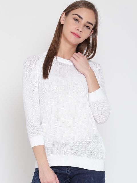 

United Colors of Benetton Women White Solid Sweater with Overlapping Detail