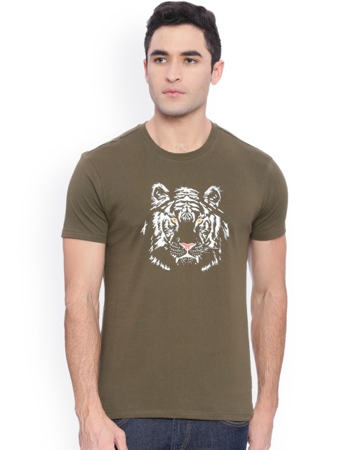 

Wolfpack Men Olive Green Printed Round Neck T-shirt