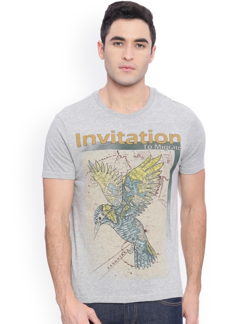 

Wolfpack Men Grey Melange Printed Round Neck T-shirt