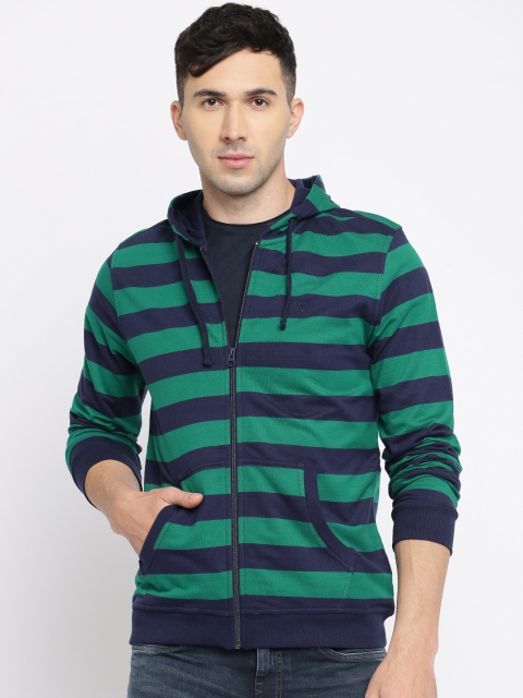 

Allen Solly Men Green & Navy Blue Striped Hooded Sweatshirt