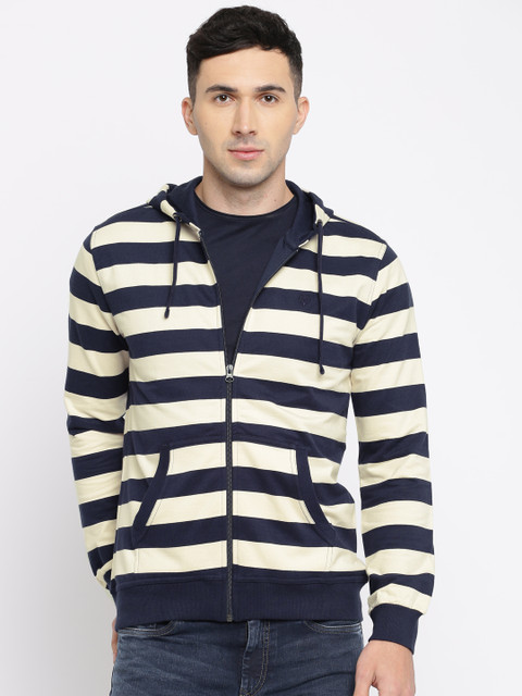 

Allen Solly Men Off-White & Navy Blue Striped Hooded Sweatshirt