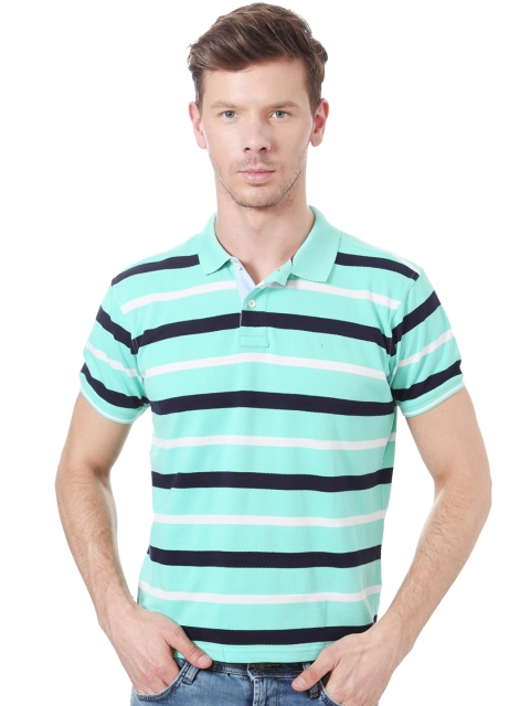 

Allen Solly Men Sea Green & Navy Striped Polo Collar T-shirt