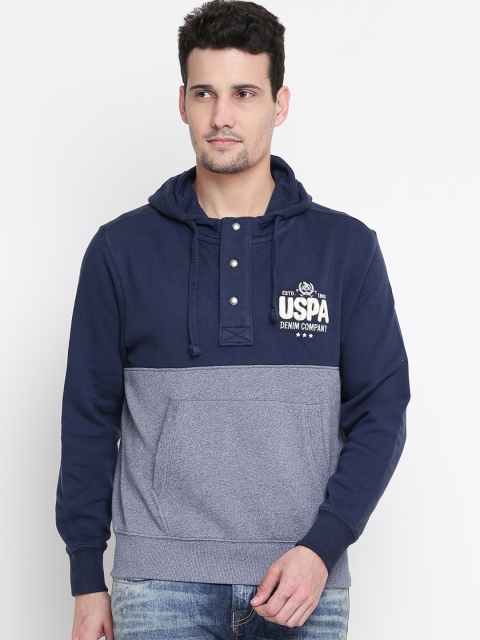 

U.S. Polo Assn. Denim Co. Men Navy & Off-White Colourblocked Hooded Sweatshirt, Navy blue