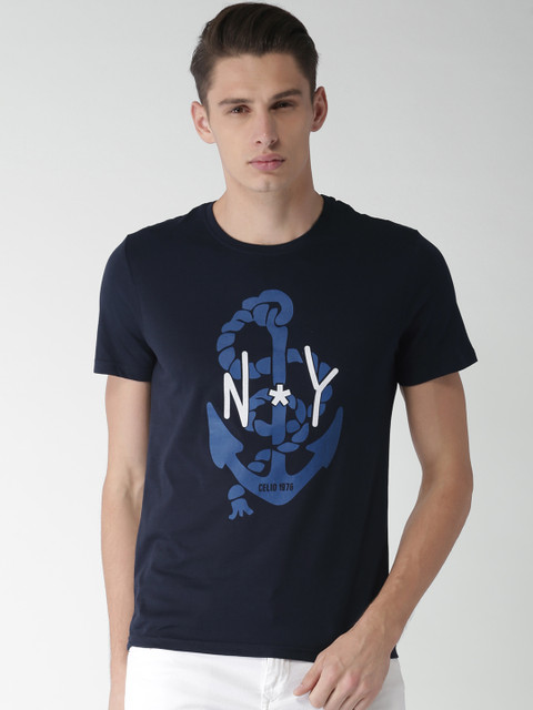 

Celio Men Navy Blue Printed Round Neck T-Shirt