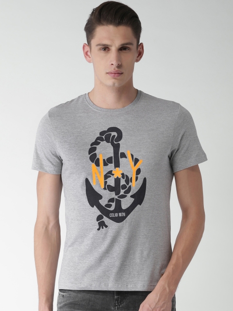 

Celio Men Grey melange Printed Round Neck T-shirt