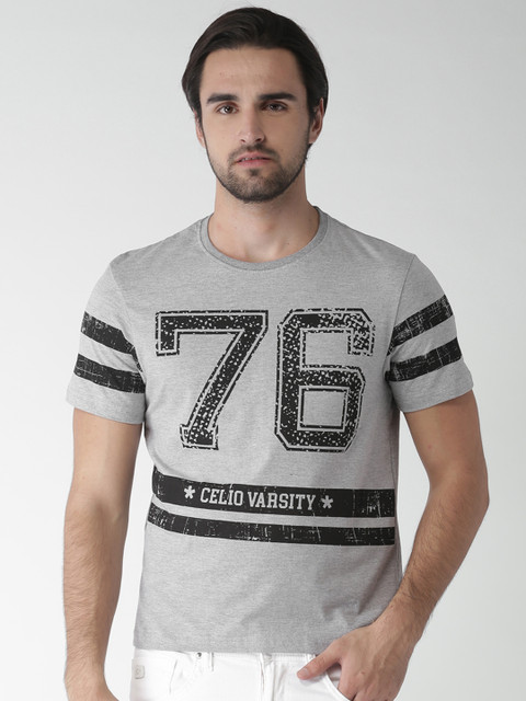 

Celio Men Grey Melange Printed Round Neck T-shirt