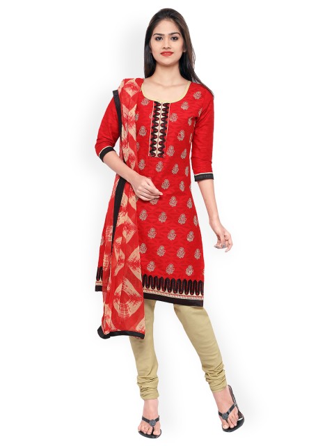

Kvsfab Red & Beige Cotton Blend Unstitched Dress Material