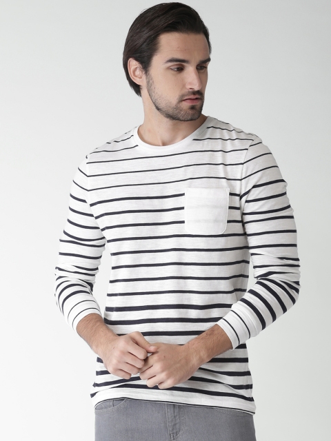 

Celio Men Off-White & Navy Striped Round Neck T-shirt