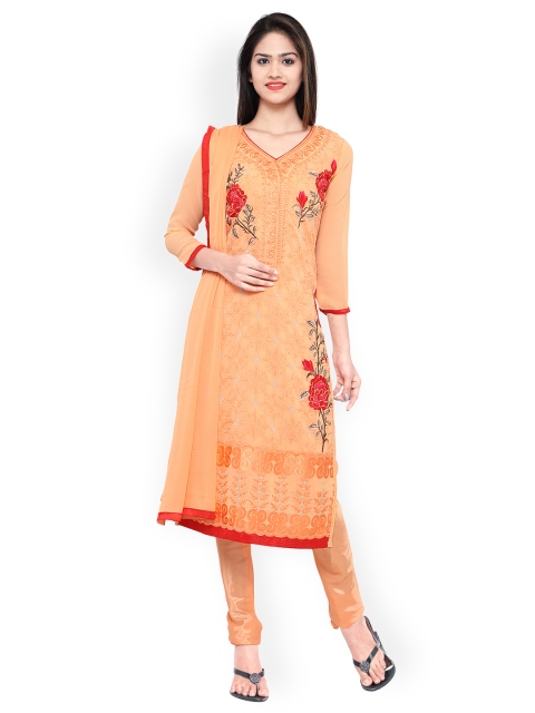 

Kvsfab Orange & Red Poly Georgette Unstitched Dress Material