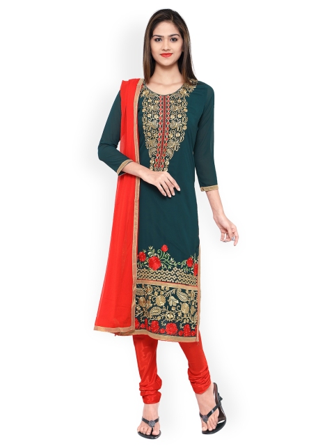 

Kvsfab Teal Blue & Orange Poly Georgette Unstitched Dress Material